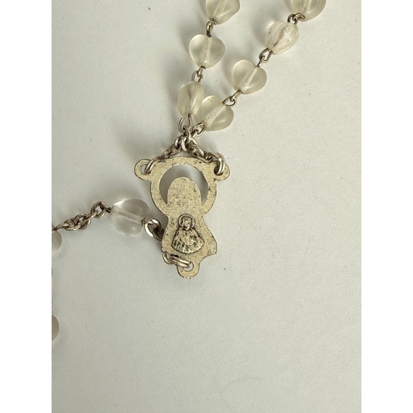 Vintage Italy Frosted Glass Heart Bead Rosary Silver Tone Catholic Crucifix - Picture 5 of 6